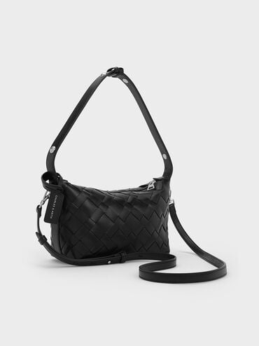 Ivette Woven Shoulder Bag, Noir, hi-res