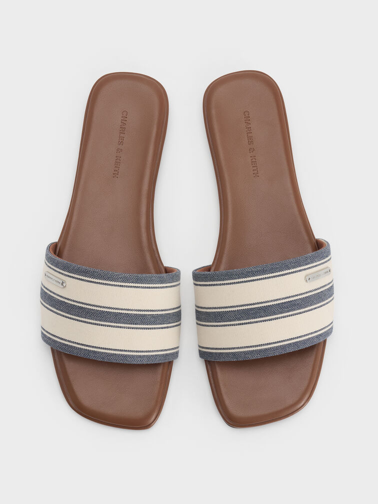 Striped Square-Toe Slide Sandals, Dark Blue, hi-res