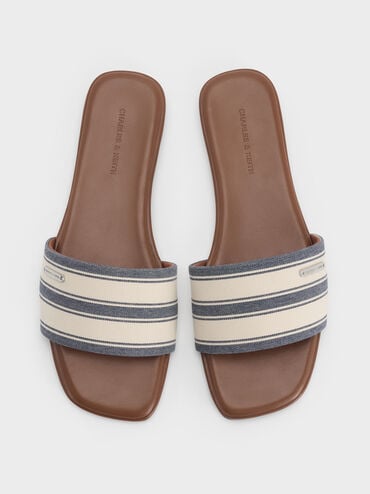 Striped Square-Toe Slide Sandals, Dark Blue, hi-res