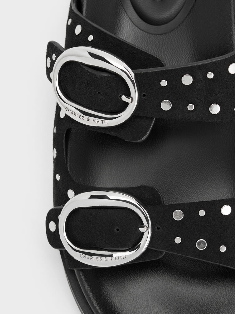 صندل سلايد مرصع بإبزيم وسيرين, أسود, hi-res