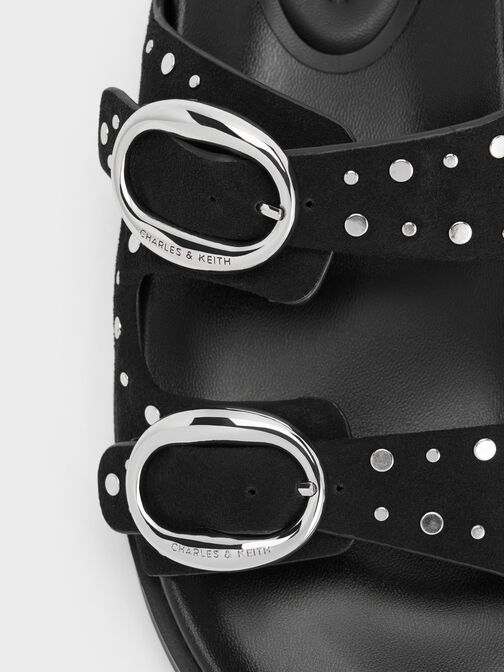 صندل سلايد مرصع بإبزيم وسيرين, أسود, hi-res