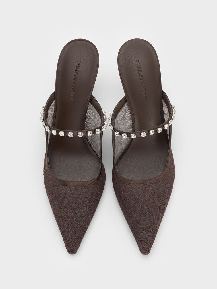 Lace & Satin Crystal Heeled Mules, Dark Brown Textured, hi-res