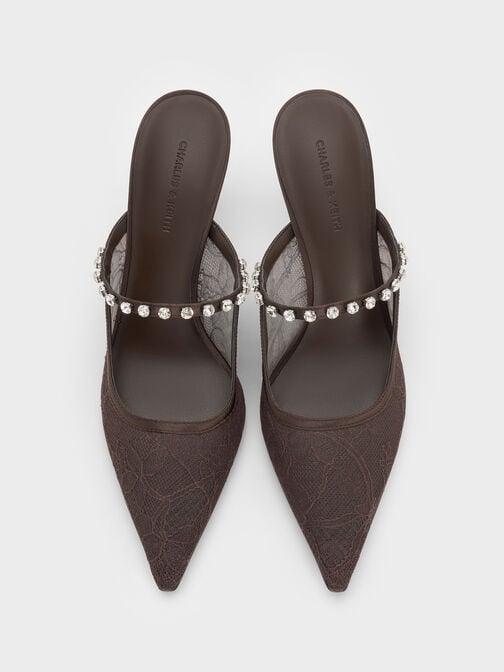 Lace & Satin Crystal Heeled Mules, Dark Brown Textured, hi-res