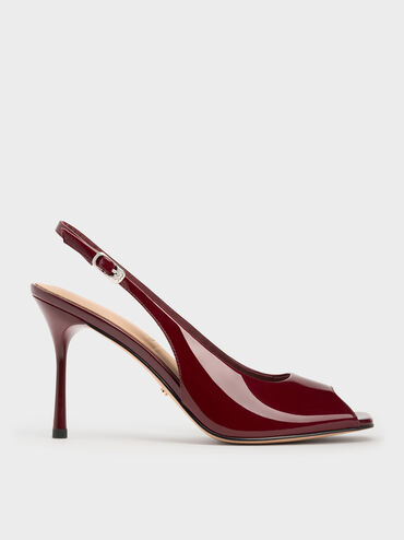Kyra Patent Leather Peep-Toe Slingback Heels, Burgundy, hi-res