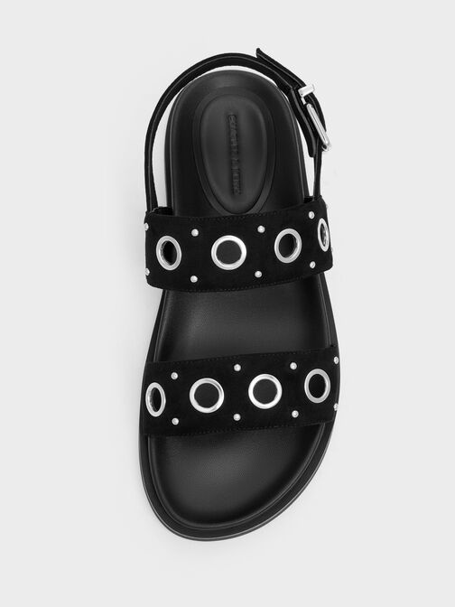 صندل مفتوح من الخلف من الجلد المدبوغ الصناعي مزود بفتحات معدنية, أسود خشن, hi-res