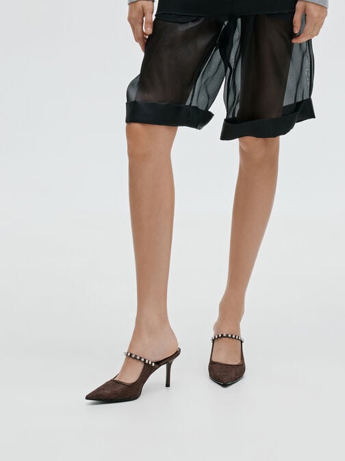 Lace & Satin Crystal Heeled Mules, Dark Brown Textured, hi-res