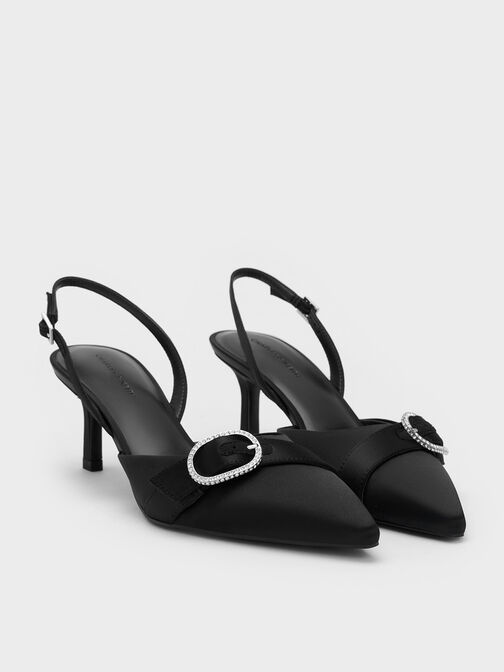 حذاء جاني من البوليستر المعاد تدويره بكعب عالٍ وتصميم مفتوح من الخلف وحزام كاحل مزين بالكريستال, أسود خشن, hi-res