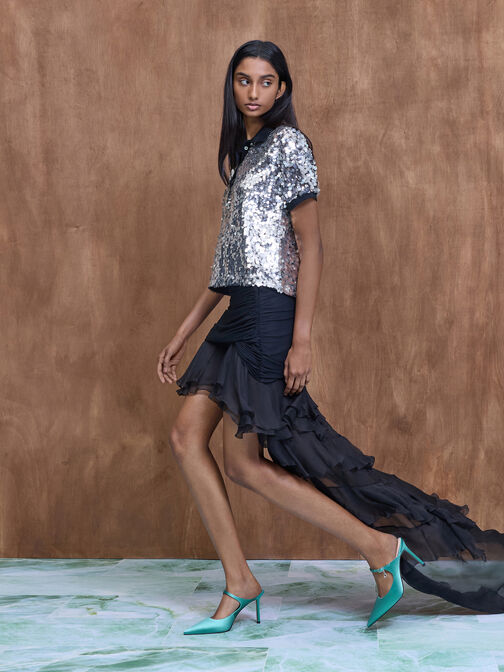 Satin Teardrop-Crystal Buckle-Strap Stiletto-Heel Mules, Teal, hi-res