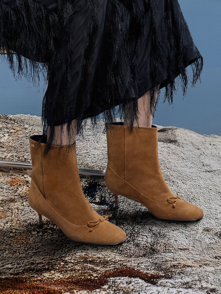 Aretha Suede Bow Kitten-Heel Calf Boots, Brown, hi-res