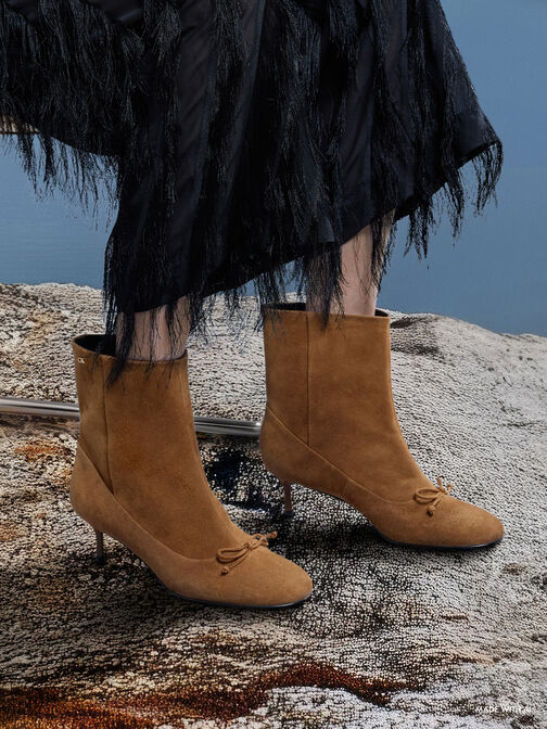 Aretha Suede Bow Kitten-Heel Calf Boots, Brown, hi-res