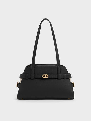 Aubrielle Belted Shoulder Bag, Black, hi-res
