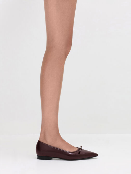 أحذية باليه بمقدمة مدببة ولمسة معدنية مزينة بفيونكة, ماروني, hi-res
