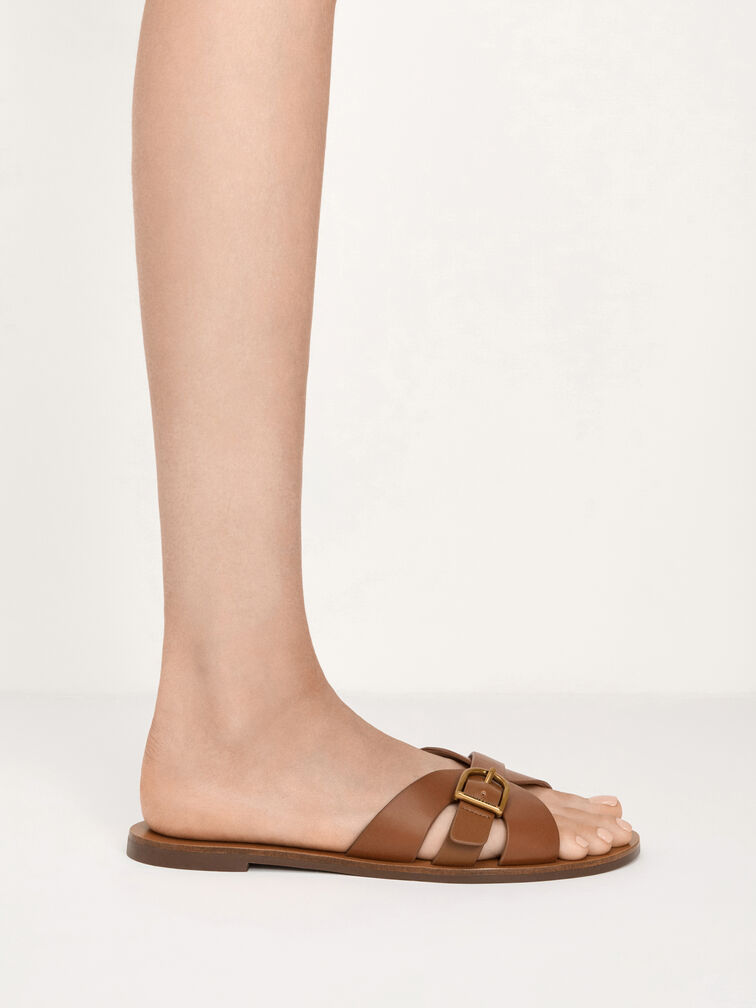 Belted Slide Sandals, Brown, hi-res