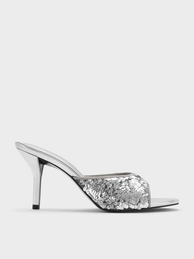 Sequinned Stiletto-Heel Mules, Silver, hi-res