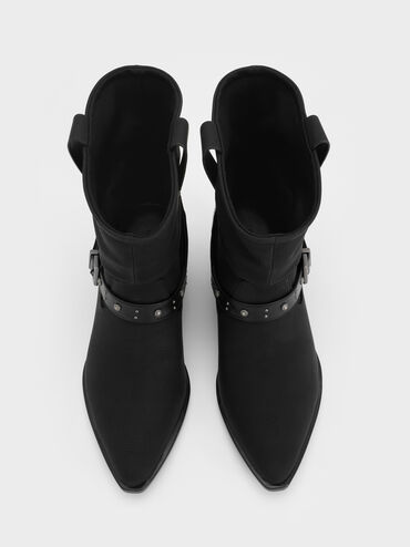 Studded-Strap Ruched Ankle Boots, Black, hi-res