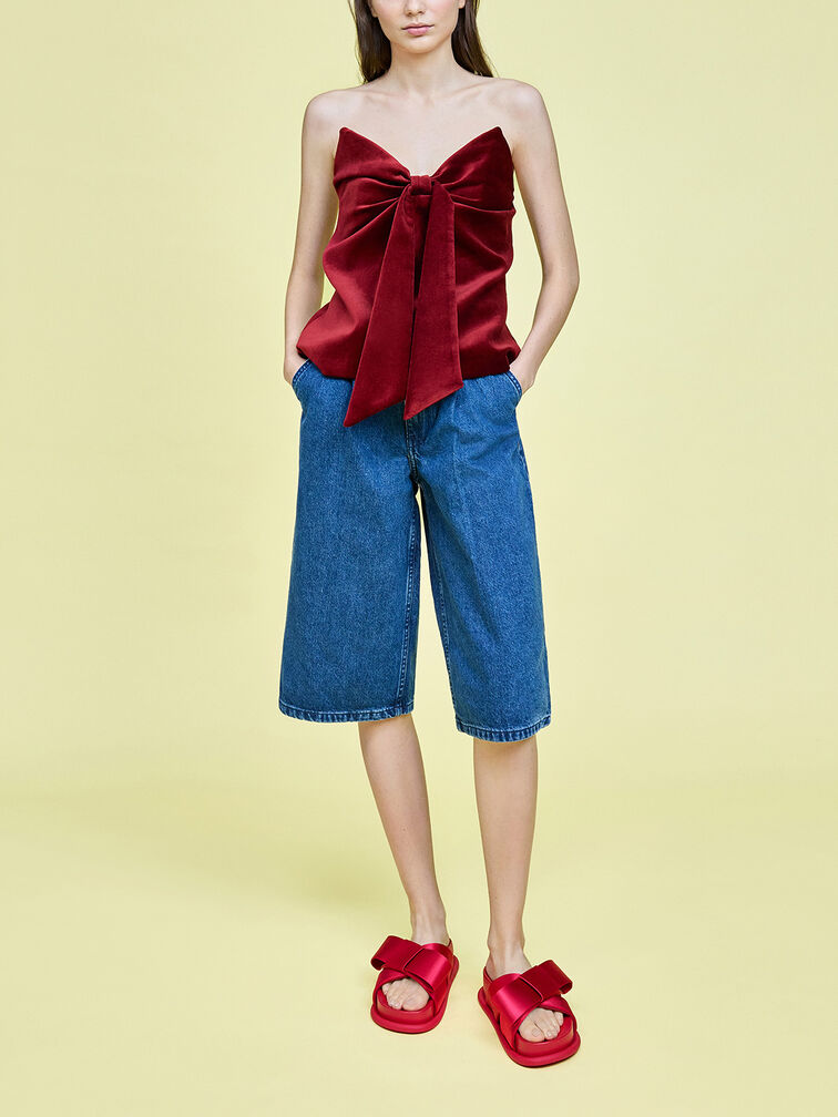 صندل مسطح مزين بفيونكة من الساتان, أحمر, hi-res