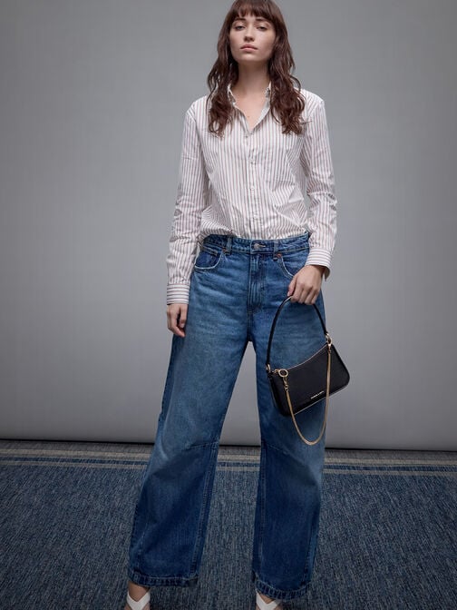 حقيبة كتف إلسبيث بنقشة جلد التمساح وسلسلة معدنية, أسود بنقشة تمساح, hi-res