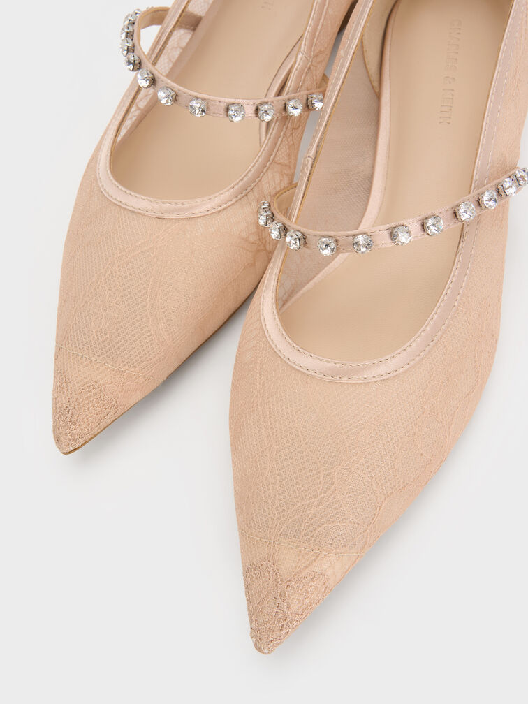 حذاء ماري جاين مسطح من الدانتيل والساتان مطعم بالكريستال, لون البشرة الطبيعي, hi-res