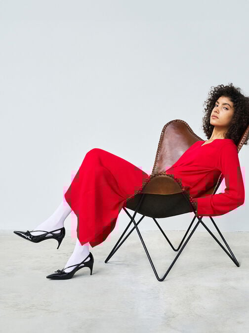 حذاء بكعب قصير مع فيونكة أمامية بلمعة, أسود براق, hi-res