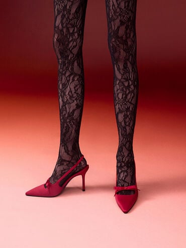 حذاء بامبس سلينجباك بمقدمة مدببة وفيونكة ساتان, أحمر, hi-res