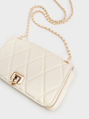 حقيبة كتف أروين بتصميم ماسي فاخر وحمالة أنيقة مضفّرة, كريمي, hi-res