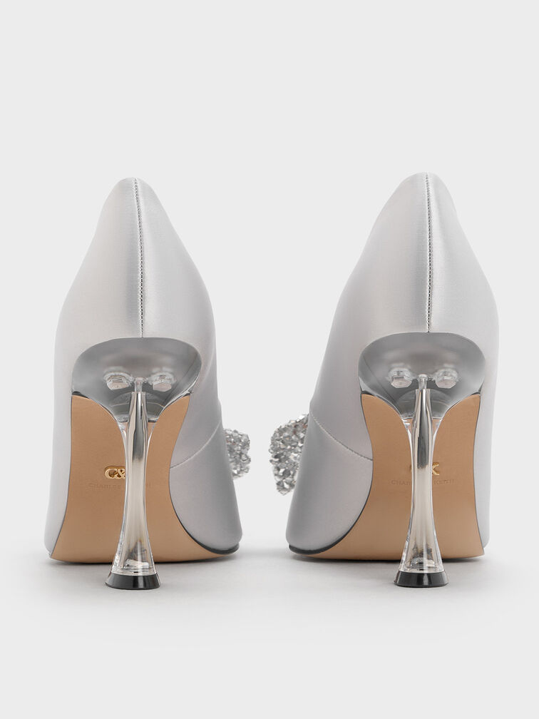 Beaded Bow Pumps, Silver, hi-res