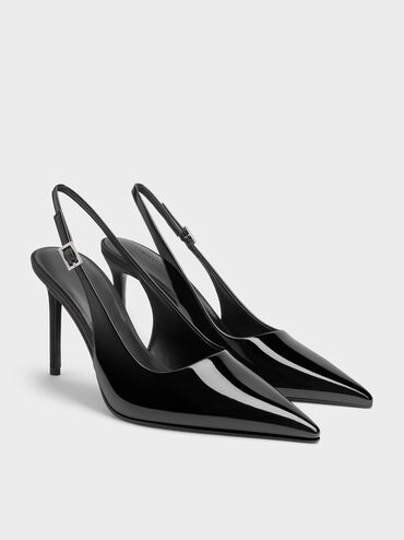 Patent Pointed Slingback Pumps, Black Patent, hi-res