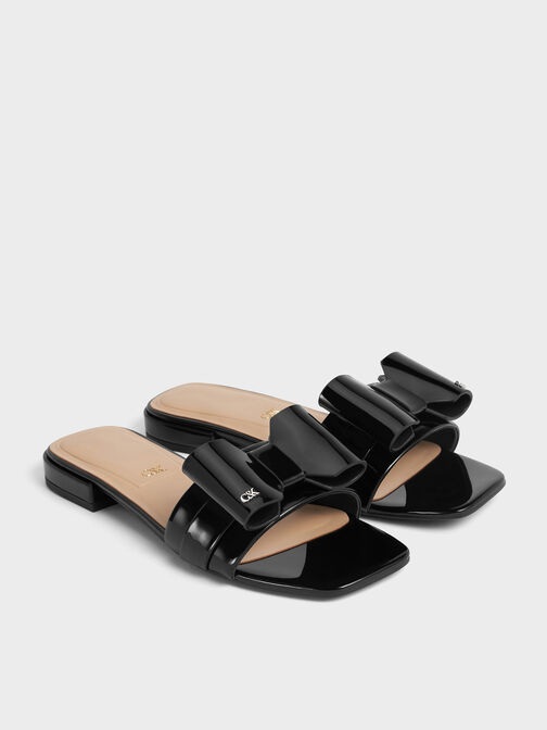 Lu Patent Leather Bow Slide Sandals, Black Patent, hi-res