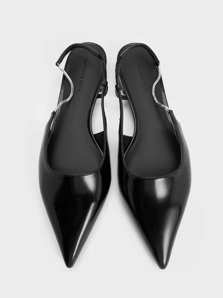 Chain-Strap Pointed-Toe Slingback Flats, Black Boxed, hi-res