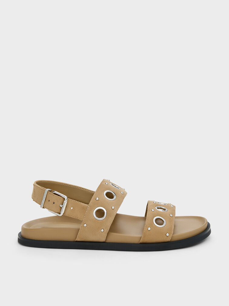 صندل مفتوح من الخلف من الجلد المدبوغ الصناعي مزود بفتحات معدنية, رملي, hi-res