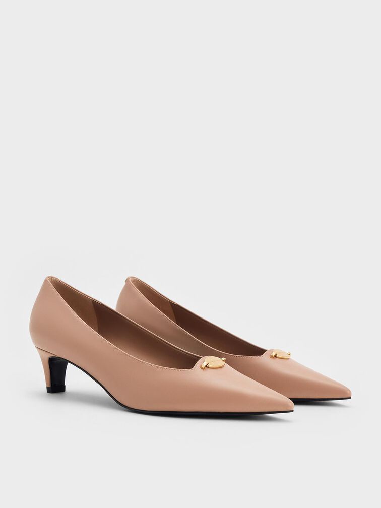 Metallic-Accent Pointed-Toe Blade-Heel Pumps, Nude, hi-res