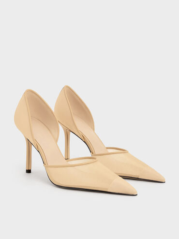 Mesh Pointed-Toe D'Orsay Pumps, Nude, hi-res