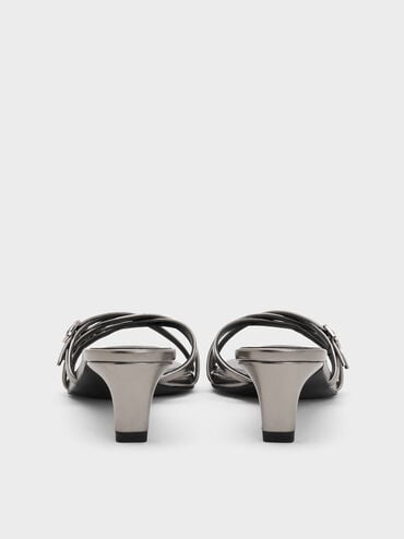 حذاء ميول بكعب القطة وأحزمة متقاطعة بإبزيم ولون معدني, رمادي بيوتر, hi-res