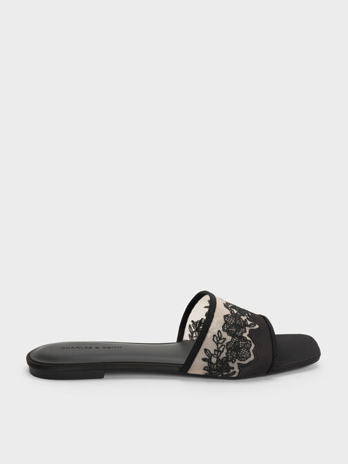 Satin Embroidered-Mesh Slide Sandals, Black Textured, hi-res