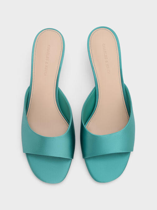 Satin Crystal-Heel Mules, Teal, hi-res
