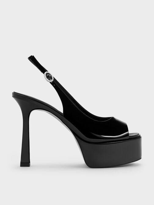 صنادل لامعة بنعل مرتفع وكعب رفيع مع فتحة أمامية, أسود براق, hi-res