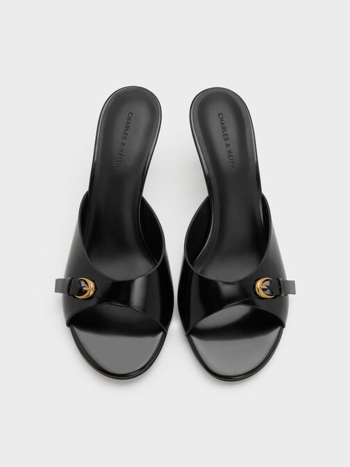 Buckled-Strap Heeled Mules, Black Boxed, hi-res