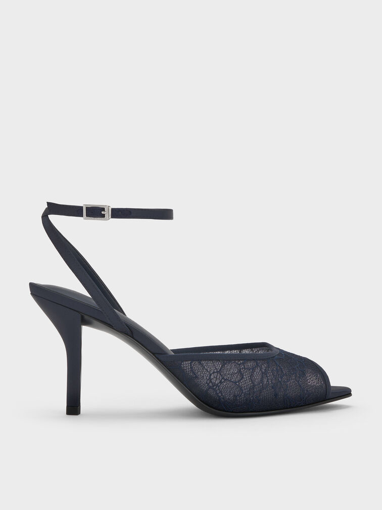 Lace & Satin Peep-Toe Heels, Dark Blue, hi-res