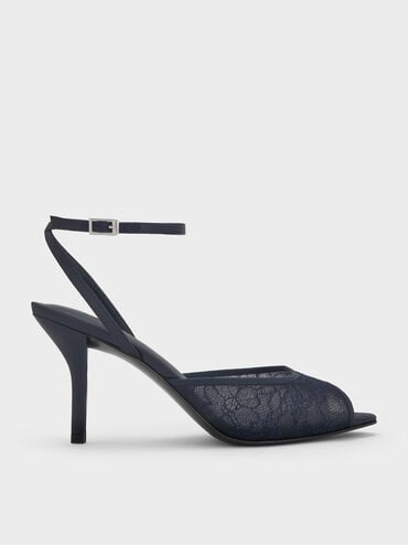 Lace & Satin Peep-Toe Heels, Dark Blue, hi-res