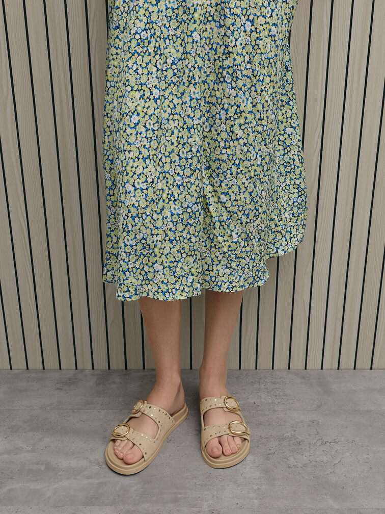 Studded Buckled Double-Strap Slides, Beige, hi-res