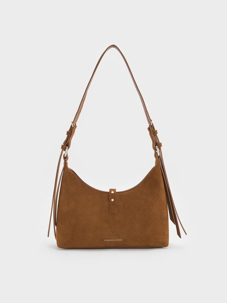 Lark Recycled Suede Studded Belted Shoulder Bag, Sienna Brown, hi-res