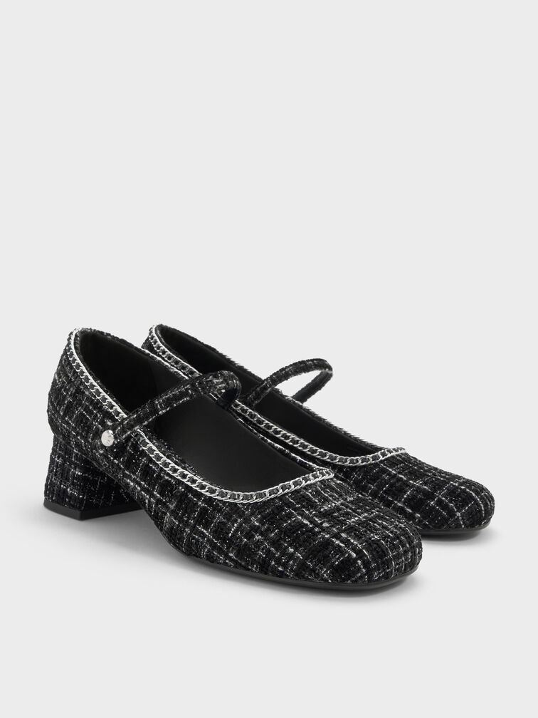 Tweed Braided-Chain Block-Heel Mary Jane Pumps, Black Textured, hi-res