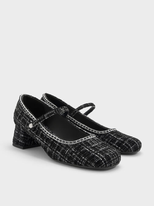 Tweed Braided-Chain Block-Heel Mary Jane Pumps, Black Textured, hi-res