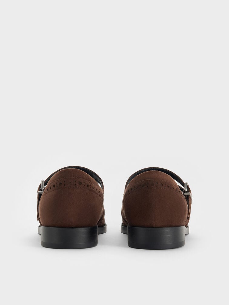 حذاء ماري جين بنقشة بارزة وشمواه صناعي ثنائي الحزام, بني محبّب غامق, hi-res