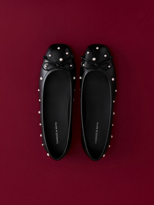 أحذية باليه باربرا مزينة باللؤلؤ وعقدة فيونكة, أسود, hi-res