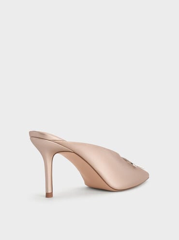 Crystal-Bow Pointed-Toe Heeled Mules, Nude, hi-res