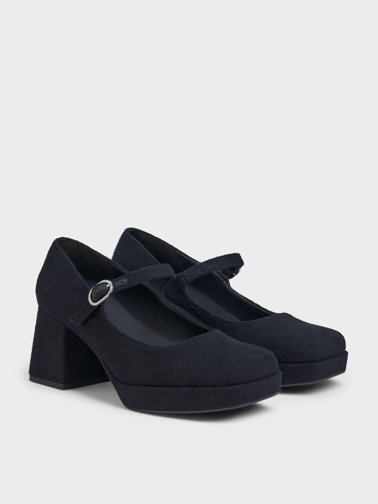 Felt Platform Mary Jane Pumps, Dark Blue, hi-res