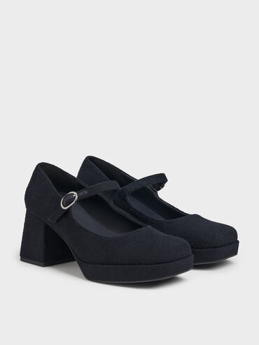 Felt Platform Mary Jane Pumps, Dark Blue, hi-res