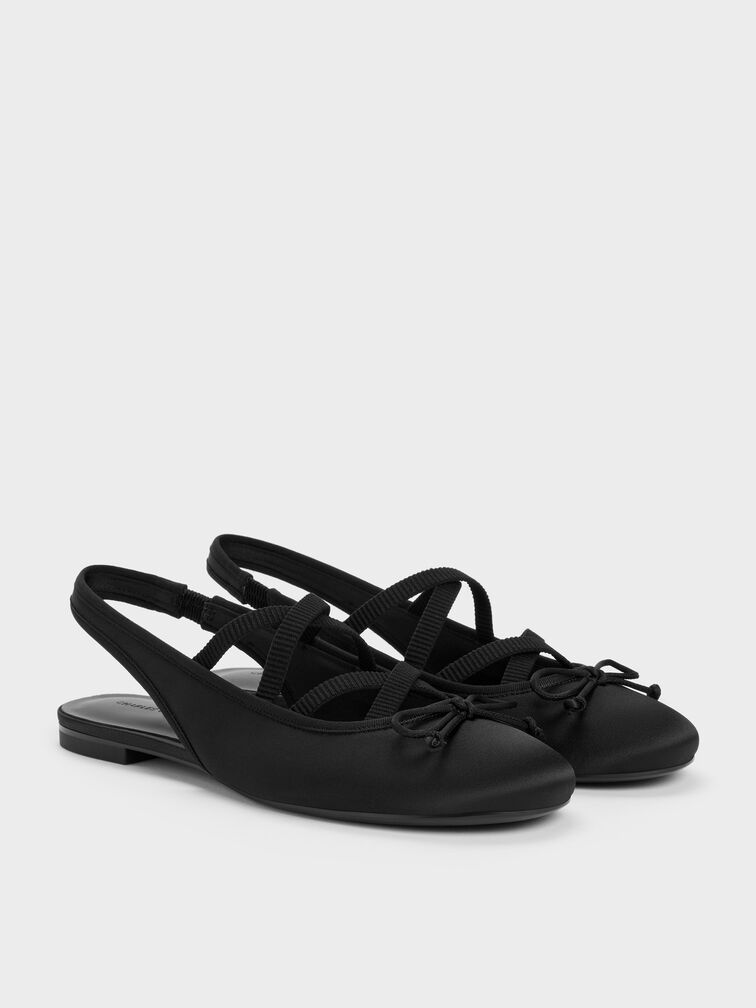 Satin Crossover Slingback Ballet Flats, Black Textured, hi-res