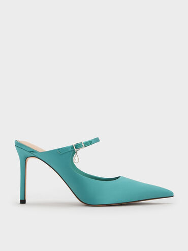 Satin Teardrop-Crystal Buckle-Strap Stiletto-Heel Mules, Teal, hi-res